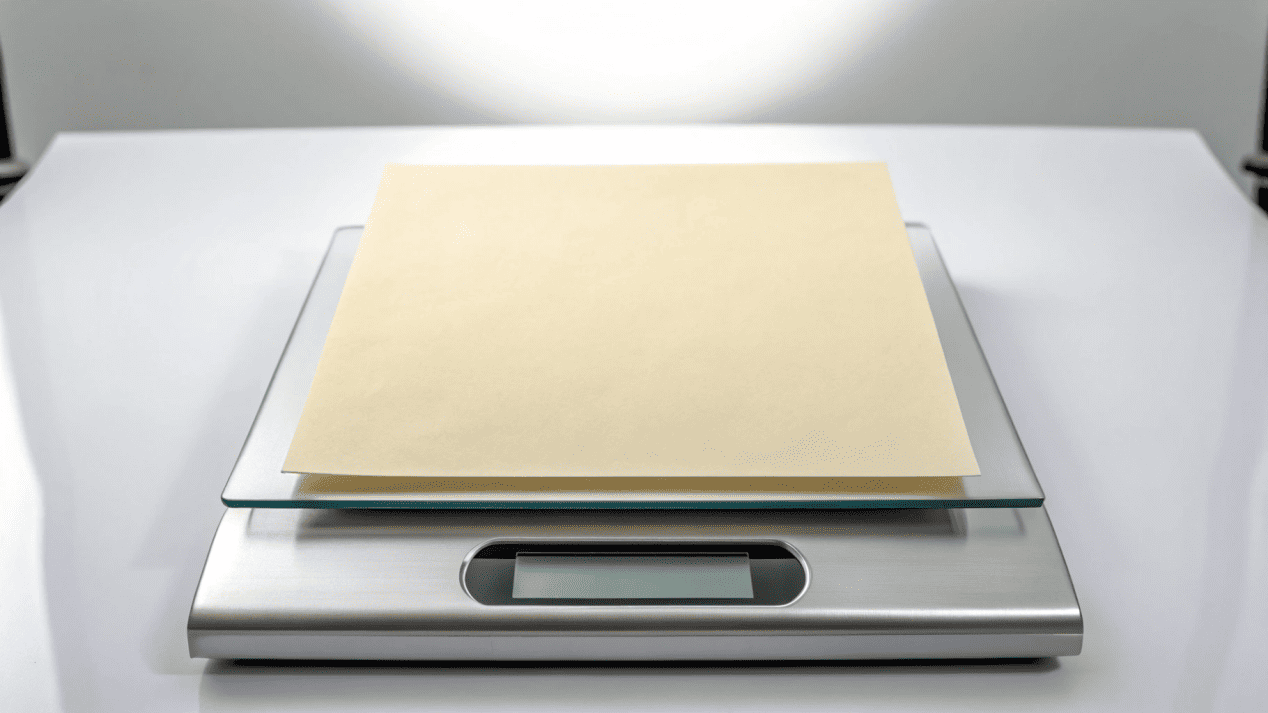 What is GSM in Paper? A graphic illustrating a 1x1 meter square of paper on a scale showing its weight in grams.