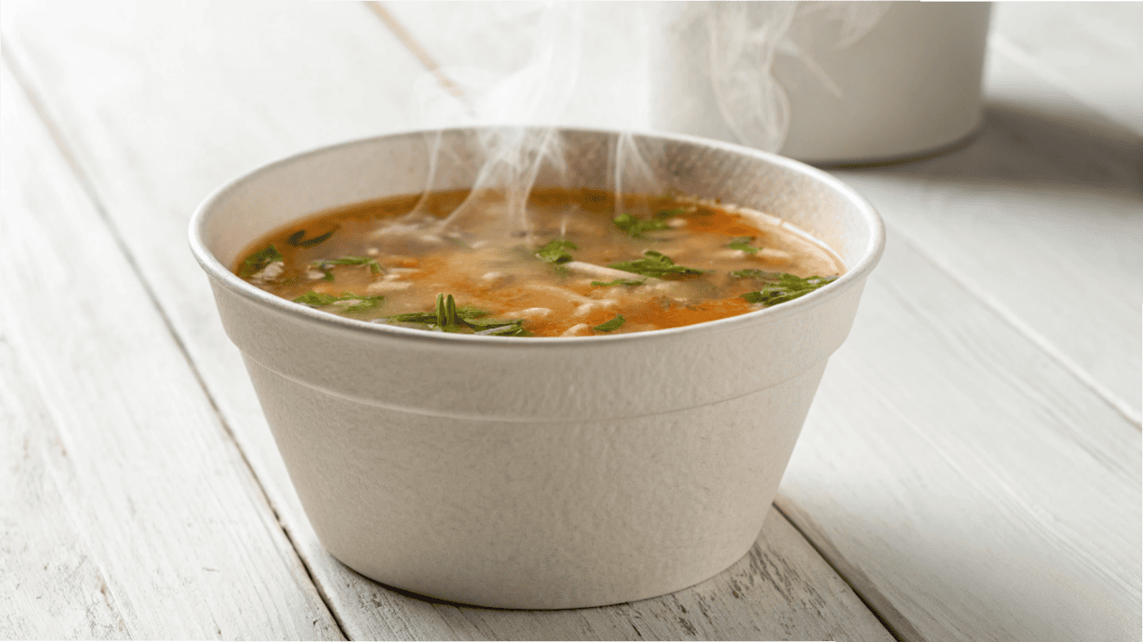 GSM and Packaging Durability A strong, high-GSM paper bowl holding hot soup without bending.