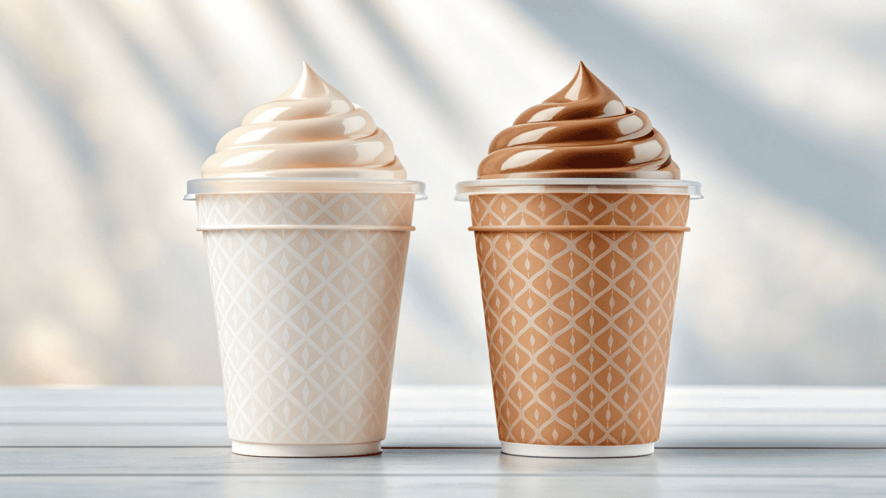 A clear plastic ice cream cup next to a custom-branded paper ice cream cup, both filled with ice cream.