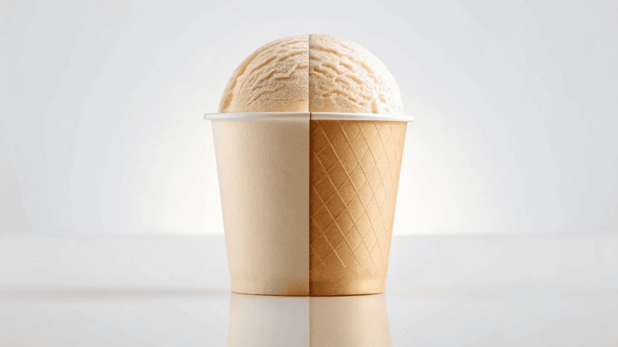 An ice cream cup that is half paper and half plastic, with a scoop of melting ice cream inside.