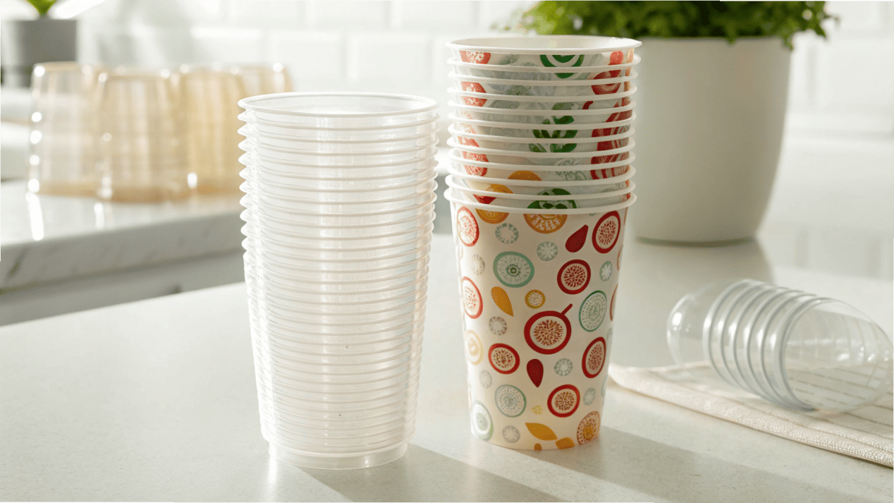 A stack of plain plastic cups next to a stack of custom-printed paper cups with price tags.