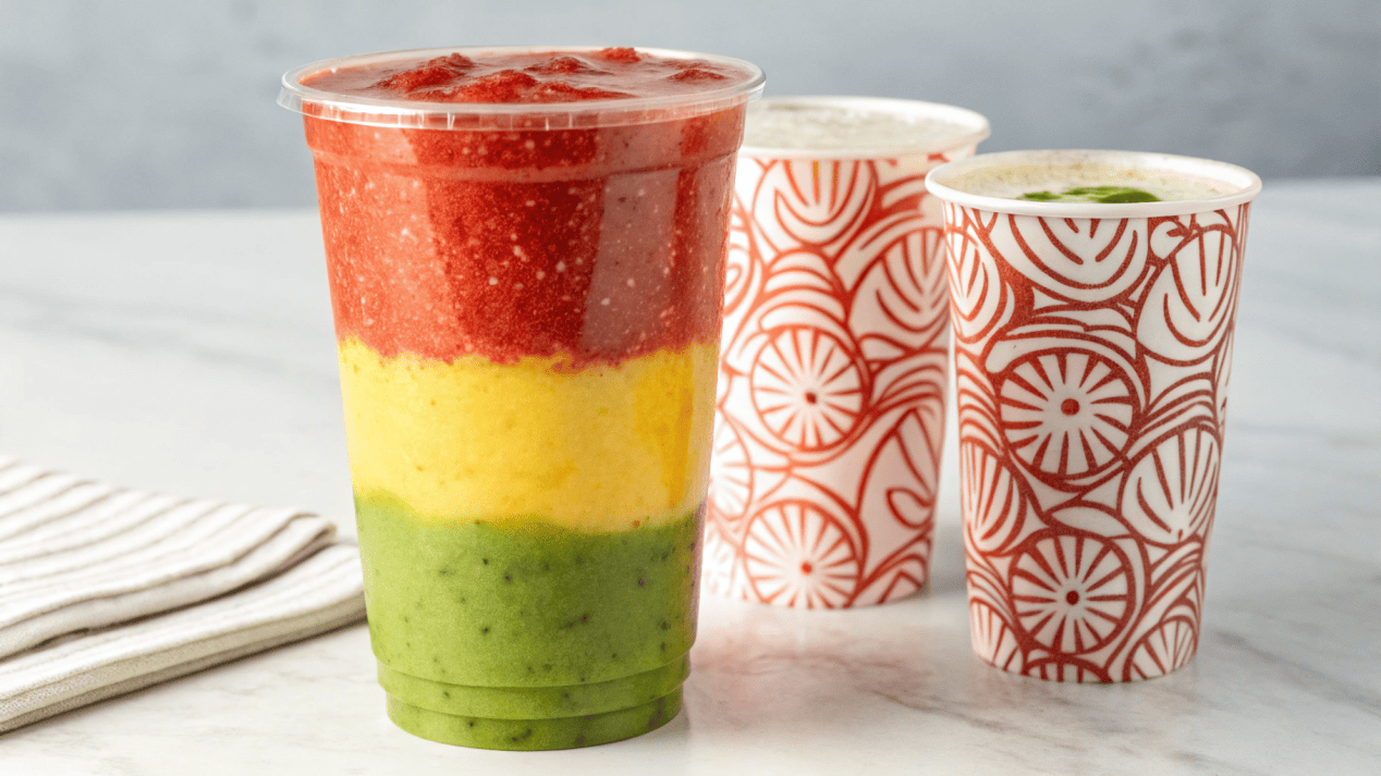 A clear plastic cup showing colorful layers of sorbet, next to a beautifully designed paper cup with a bold logo.