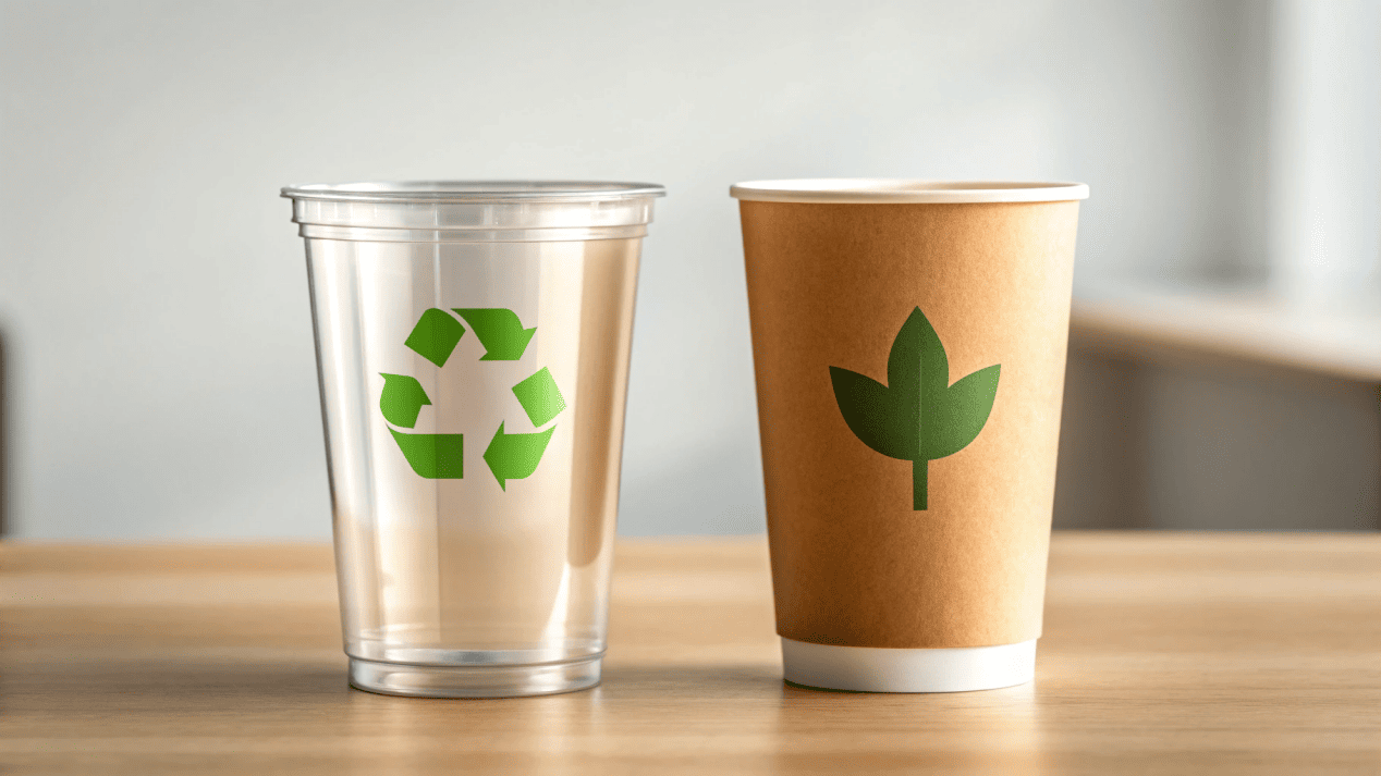 An image showing the recycling symbol on a plastic cup and a compostable symbol on a paper cup.