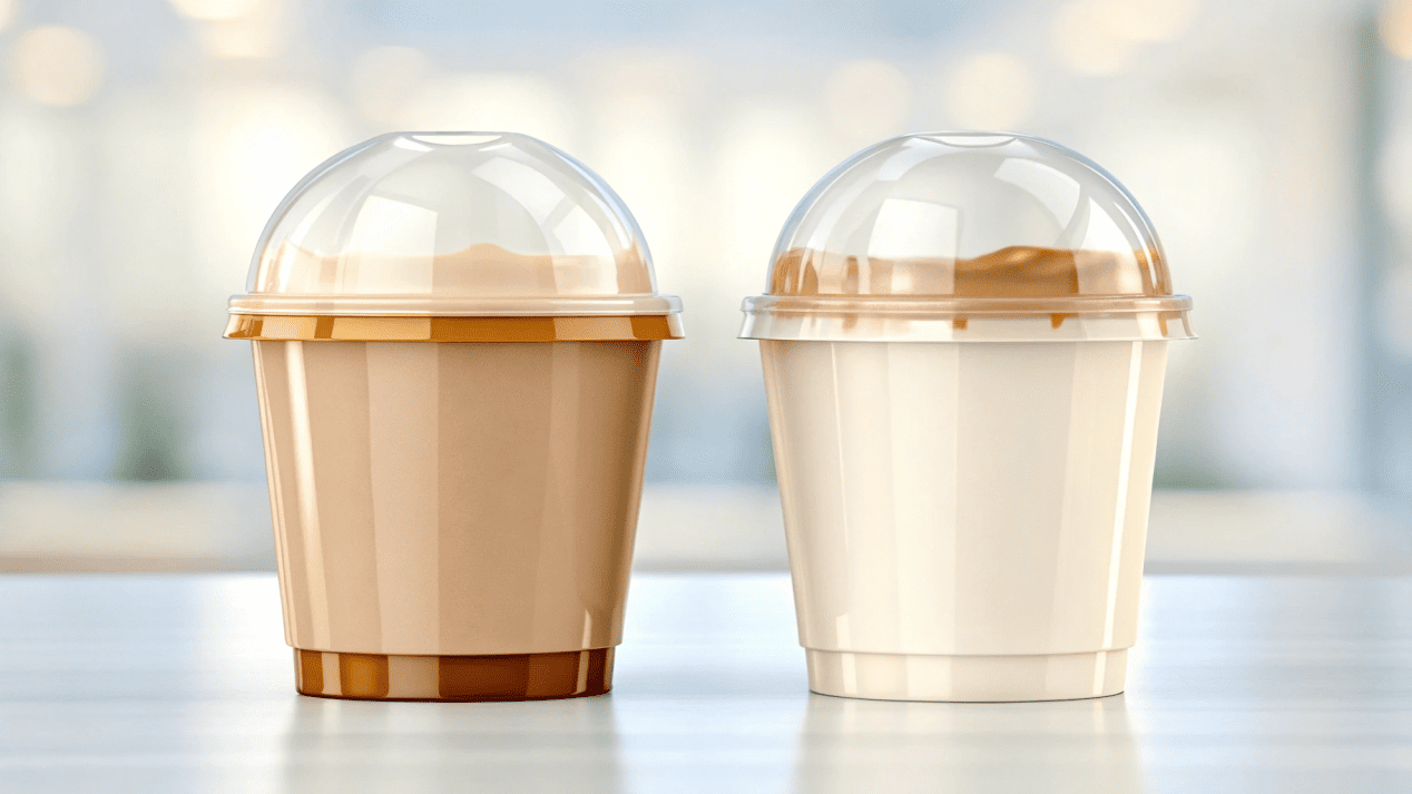 A plastic cup and a paper cup both holding melting ice cream to show durability.