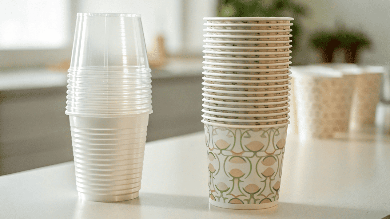 A stack of plain plastic cups with a small price tag next to a stack of custom paper cups with a larger price tag.