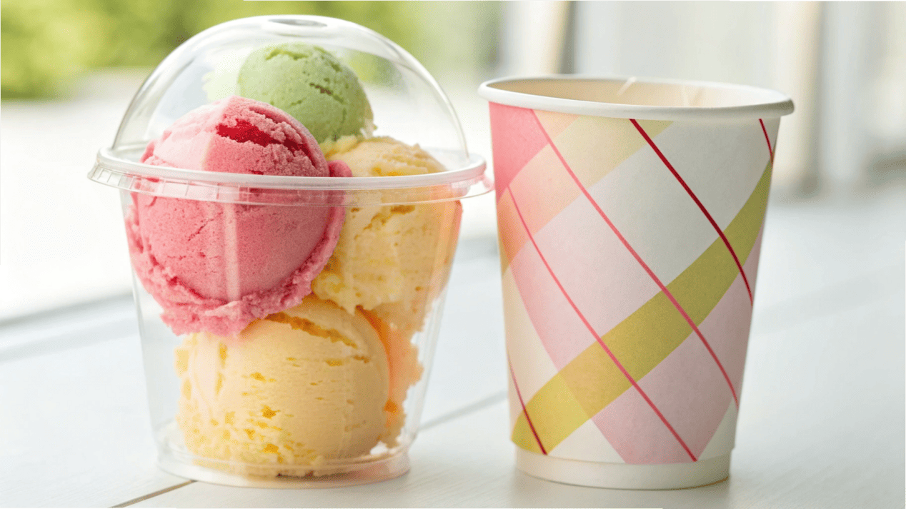 A clear cup showing colorful layers of ice cream next to a paper cup with a bold, eye-catching logo design.