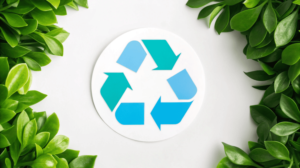 An image combining the recycling symbol for plastic and a compostable symbol for paper to represent sustainability choices.