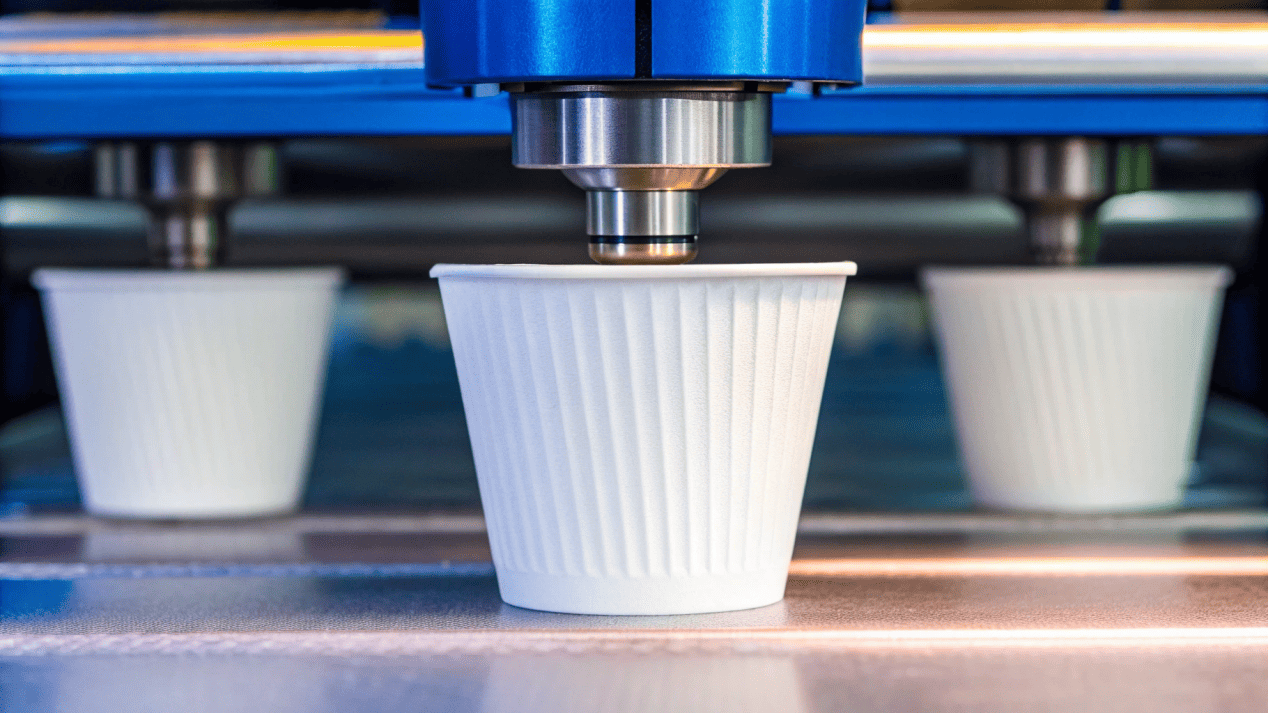 Food-Safe Low-Migration Inks A close-up of a printing press applying certified food-safe ink to paper cup material.