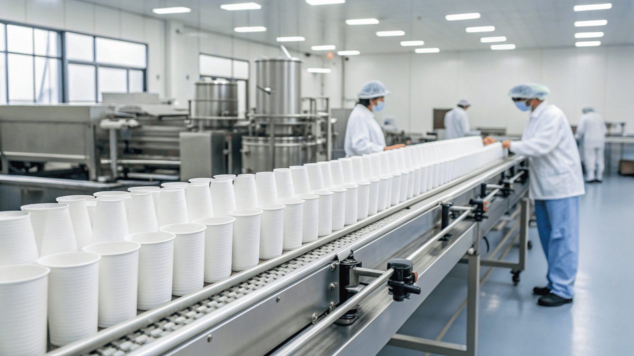 Strict Manufacturing Standards for Paper Cups A clean, modern factory floor showing paper cups being produced with strict hygiene controls.