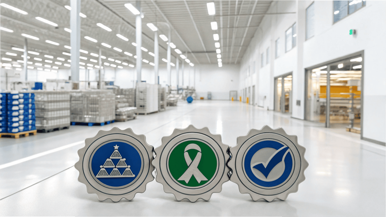 Food Safety Certifications for Packaging A display of official certification logos like FDA, BRCGS, and ISO.