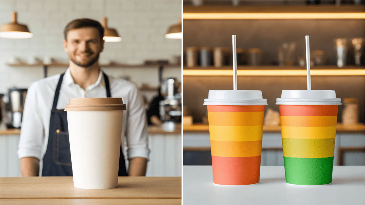 Real-World Examples of Safe Printed Cups A photo collage showing a coffee shop and a fast-food restaurant, both using beautiful custom printed cups.