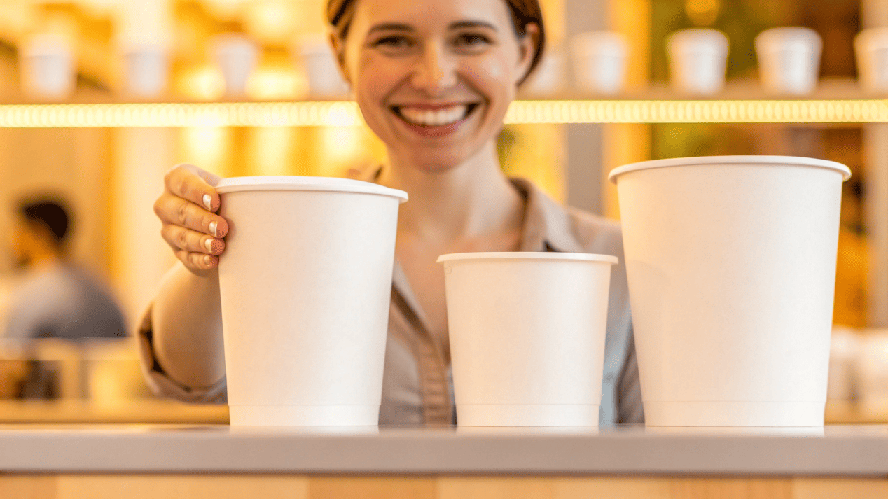 A customer happily choosing a larger cup of ice cream, representing a successful upsell.
