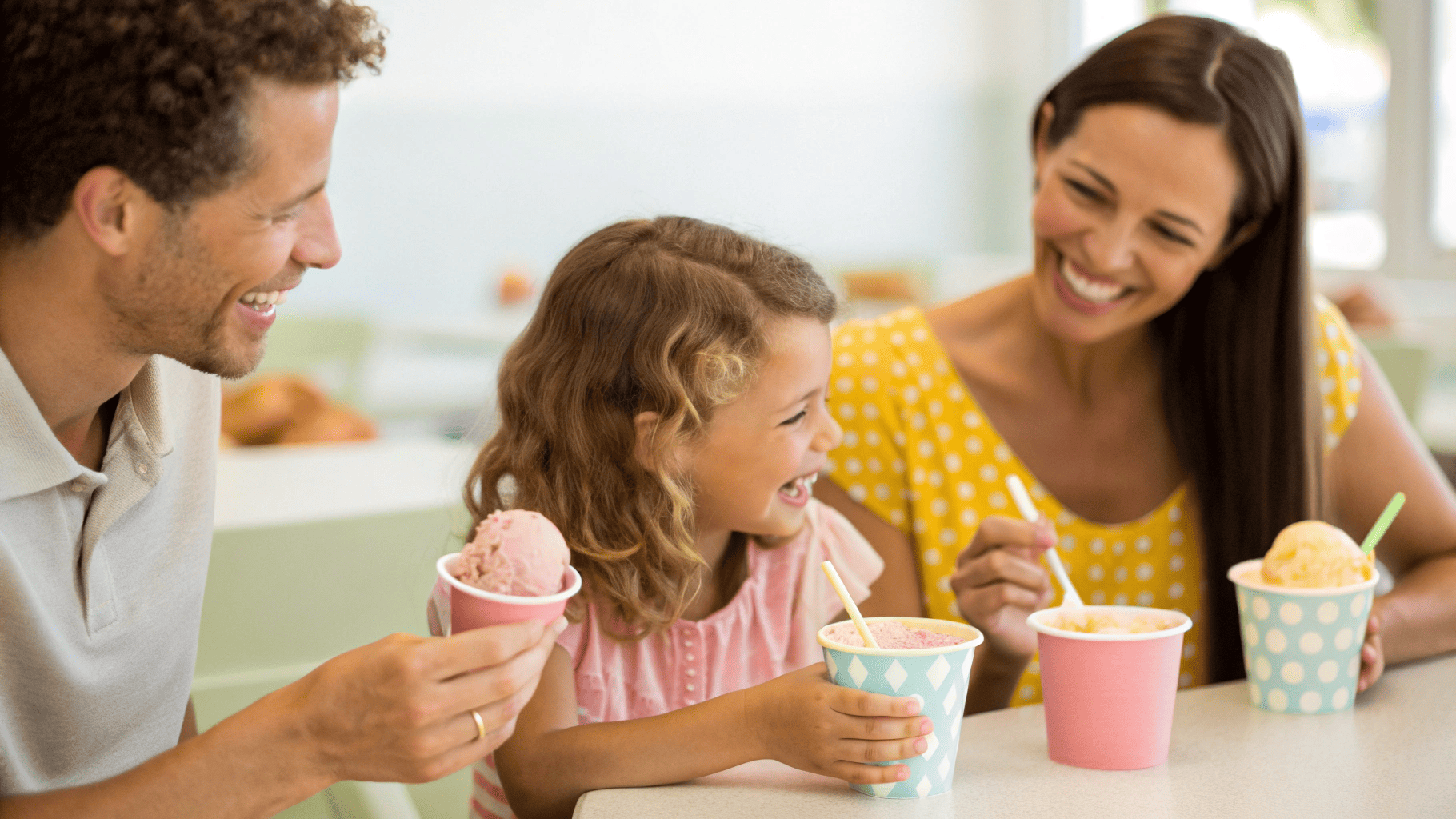 A family enjoying ice cream, with the child holding a small, kid-friendly cup.