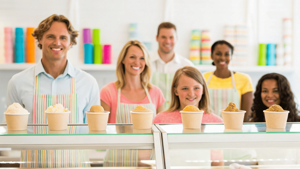 A busy ice cream shop with an efficient workflow and happy customers.