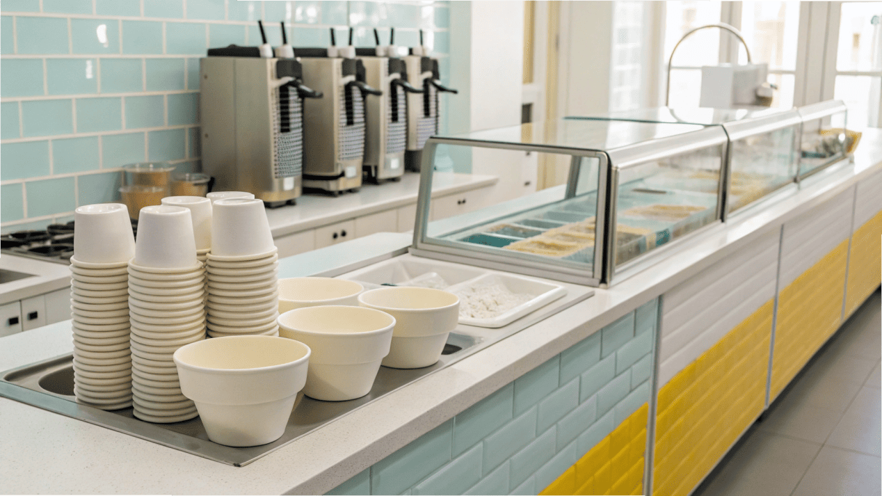 An organized ice cream service counter with a clear, ergonomic layout.