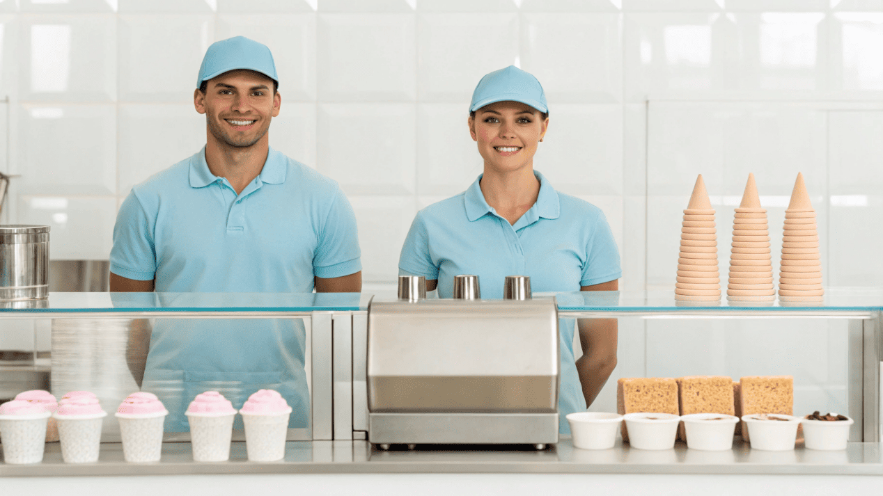 A well-trained and happy ice cream shop team working together efficiently.