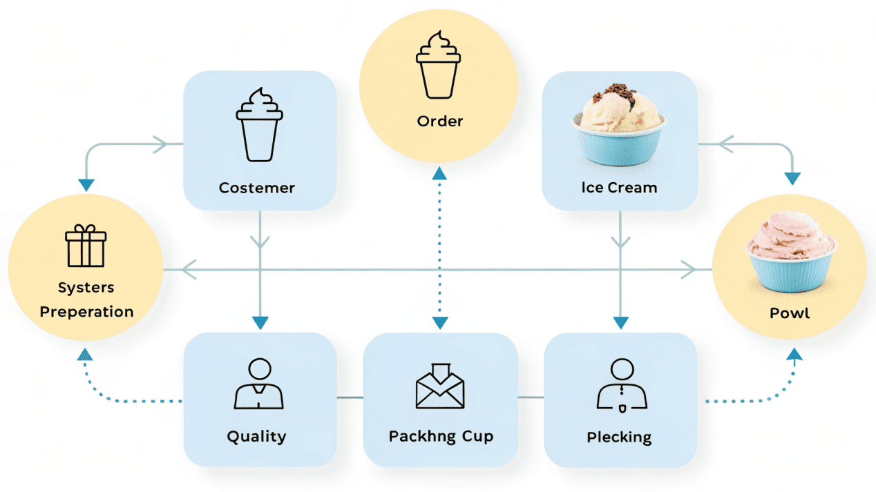 A flow chart showing an efficient order and scooping workflow.