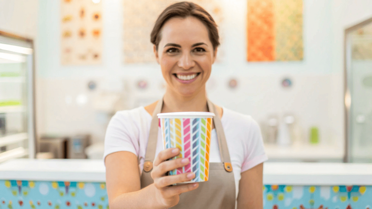 A customer scanning a QR code on a custom-printed ice cream cup.