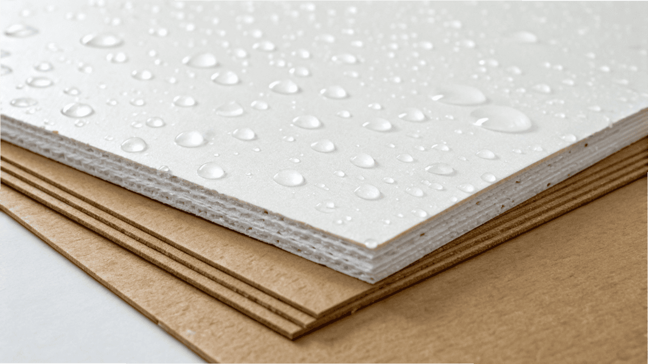 A close-up illustration of PE or PLA coating being applied to paperboard.