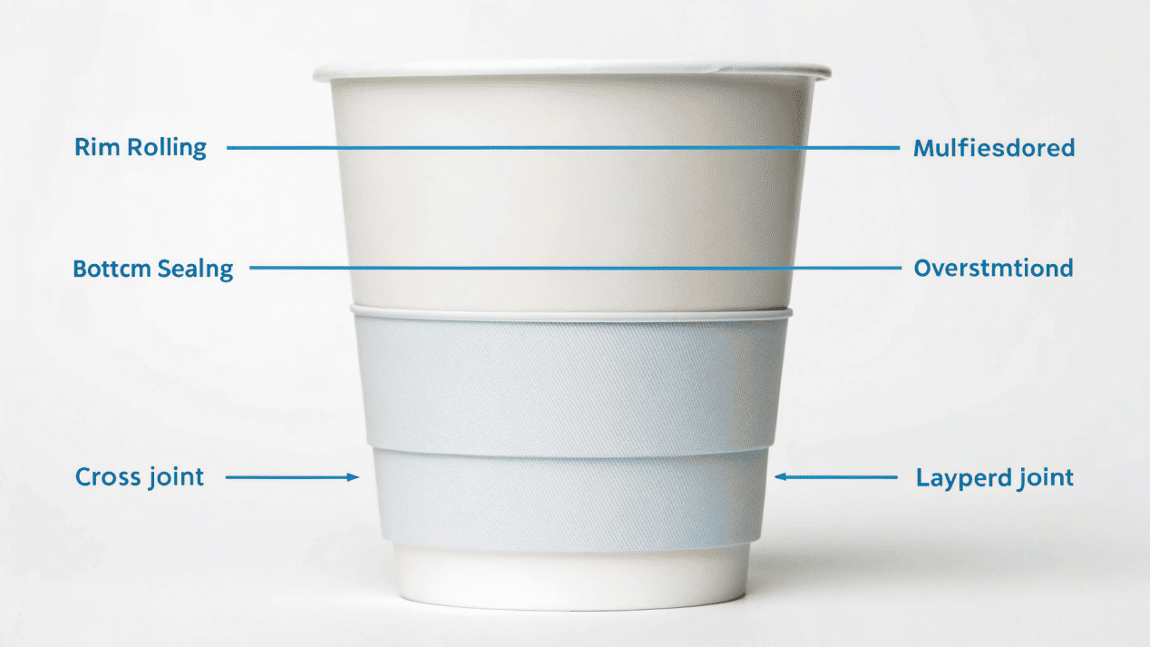 A diagram highlighting the rolled rim and the fortified base seal of a paper cup.