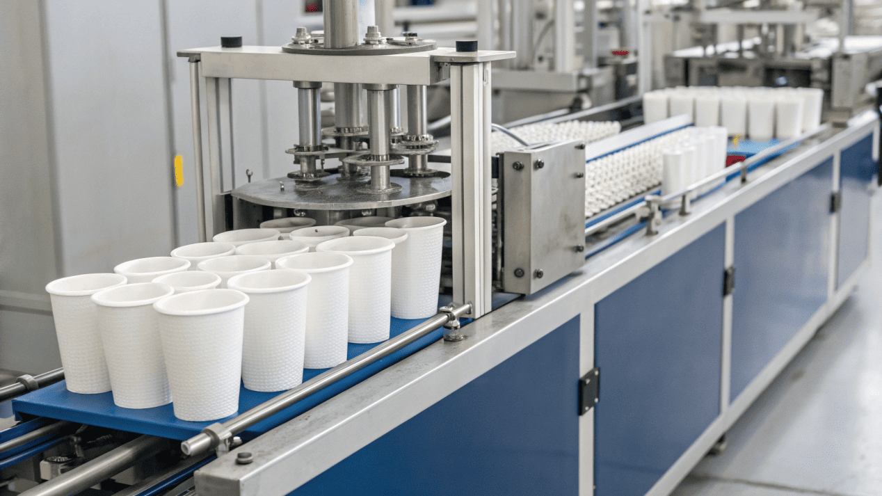 An animation showing a cup being formed on a high-speed machine.