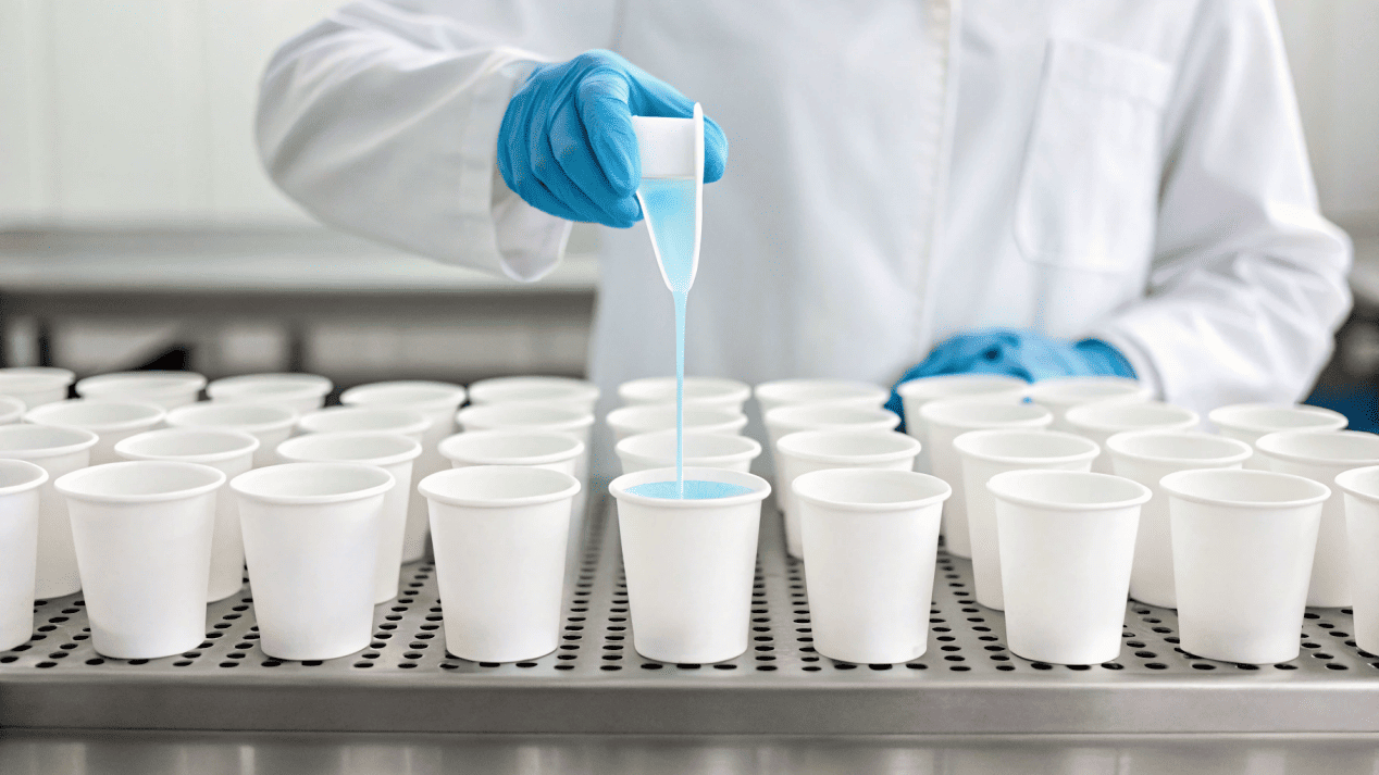 A quality control technician performing a leak test on a paper cup with colored liquid.