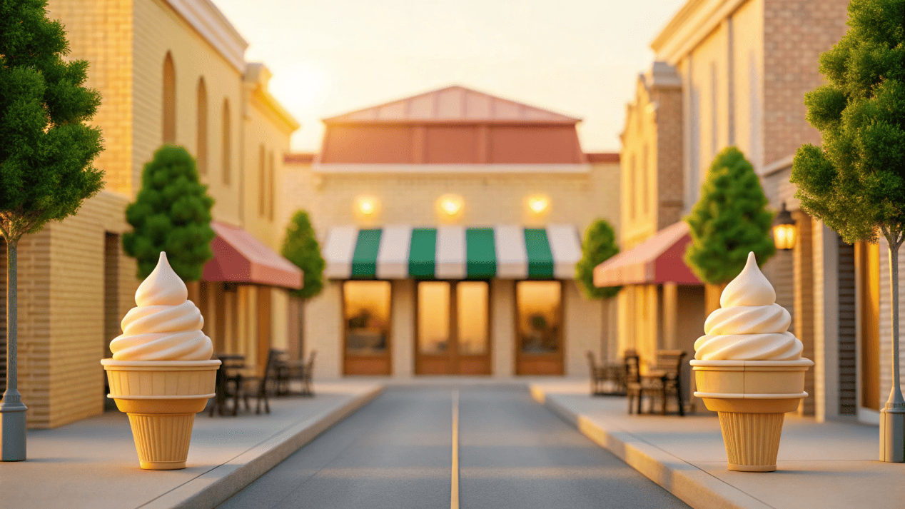 An inviting small-town ice cream shop with customers enjoying treats outside.