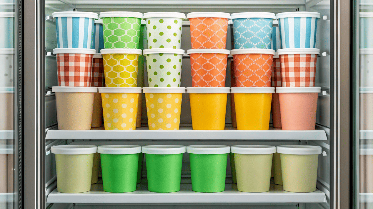 A display of custom-printed ice cream pints in a local grocery store's freezer.