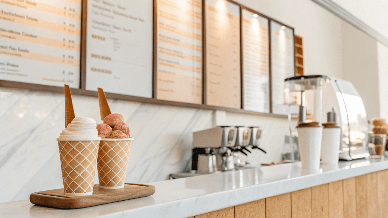 A menu board showing tiered pricing for scoops and take-home pints.