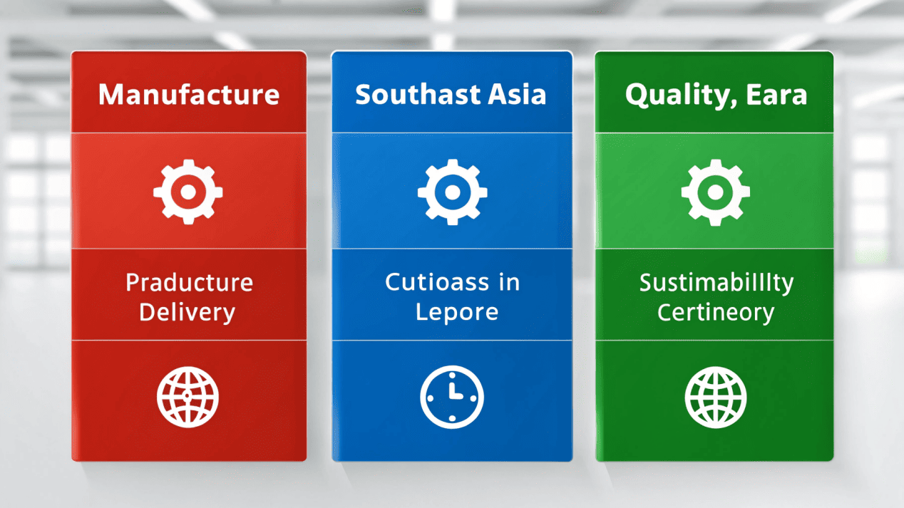 Global Paper Cup Supplier Regions An infographic comparing manufacturing metrics of China, Southeast Asia, and Europe.
