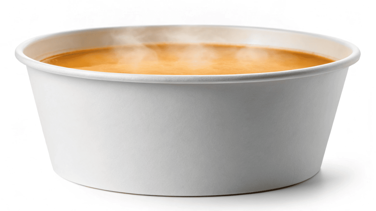 A sturdy, white paper soup bowl filled with steaming soup, looking safe and secure.