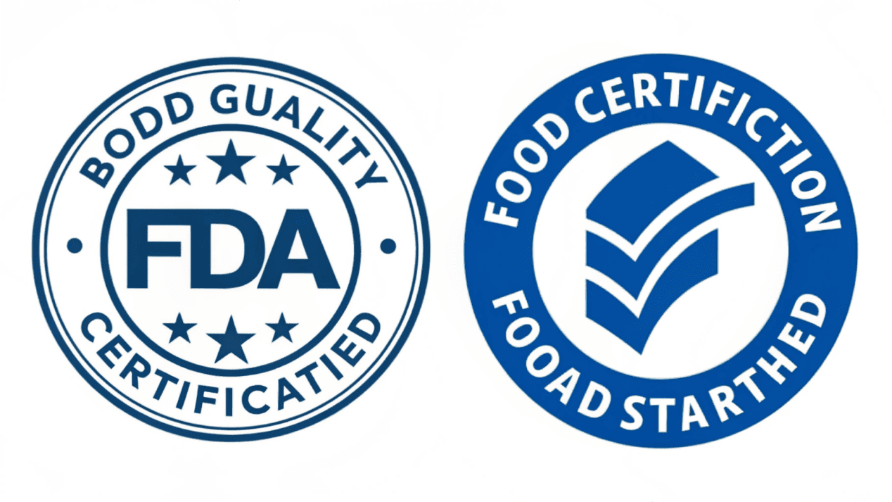 Logos for FDA and BRC certifications, representing a guarantee of food safety.