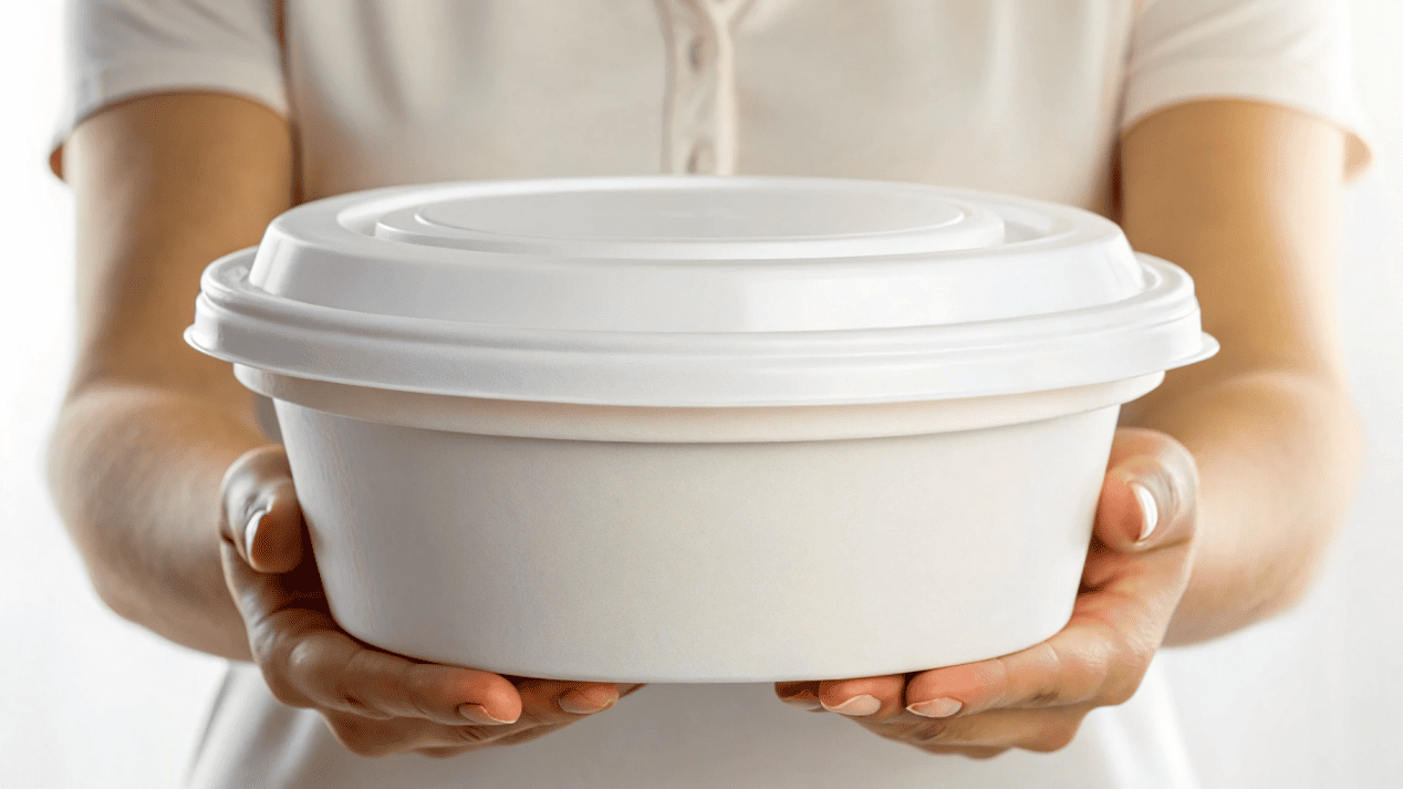 A person comfortably holding a paper soup bowl with a vented lid secured on top.
