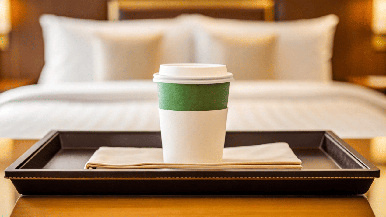 Hotel Room Service Paper Cups A luxurious hotel room service tray with branded paper cups.