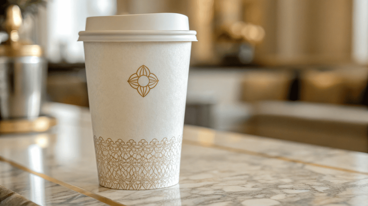Hotel Cup Branding A close-up of an elegantly branded hotel paper cup.