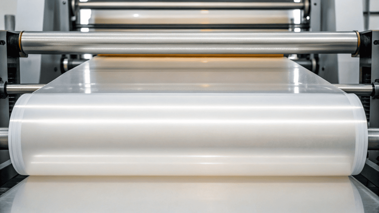 An industrial machine applying a thin layer of plastic to a large roll of paper.