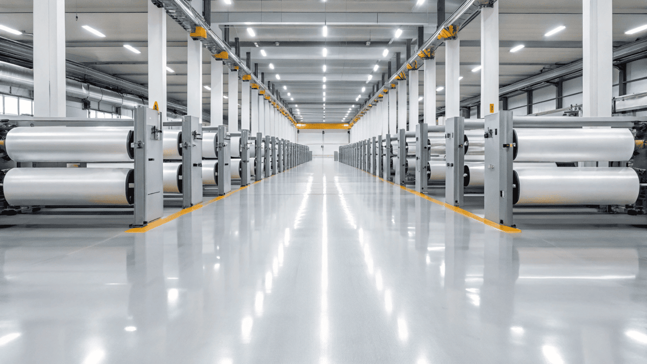 A wide shot of a clean, modern PE coating production line.