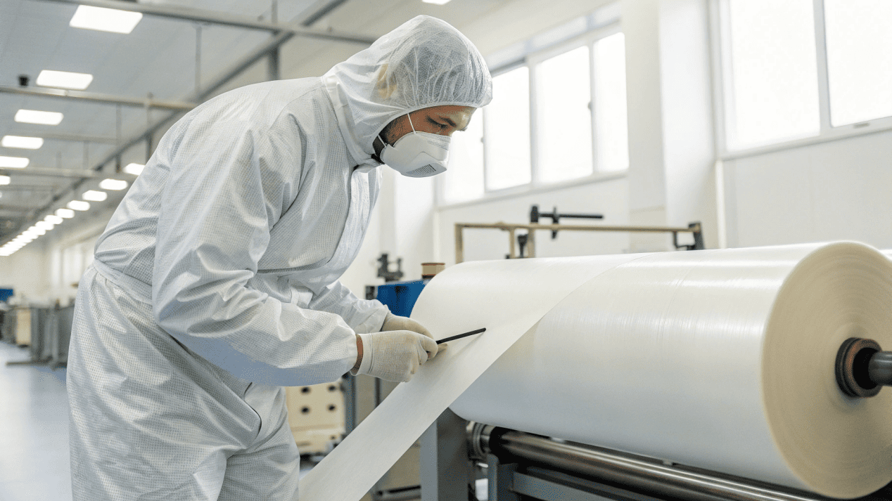 A technician inspecting a roll of PE coated paper with scientific instruments.