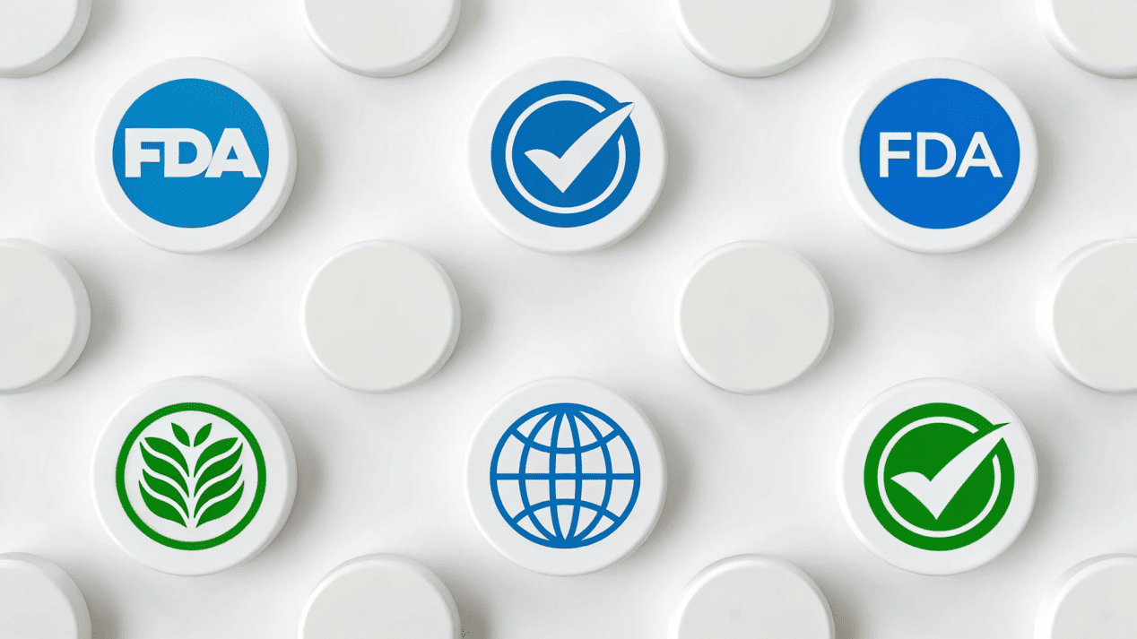 Certifications for Food Safe Paper Cups A collage of food safety certification logos like FDA, BRCGS, and ISO 9001.