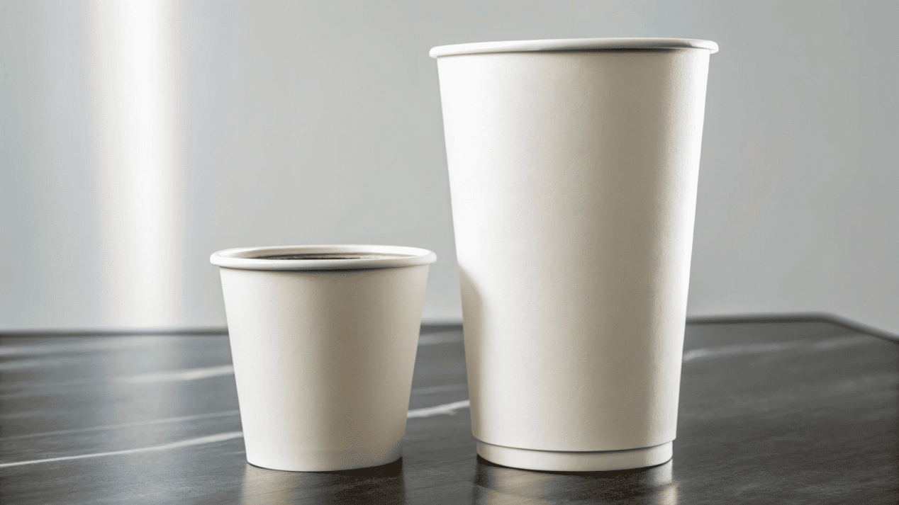 Correct Paperboard Grammage for Cup Size An image comparing a small 4oz espresso cup and a large 22oz beverage cup, highlighting the difference in structural needs.