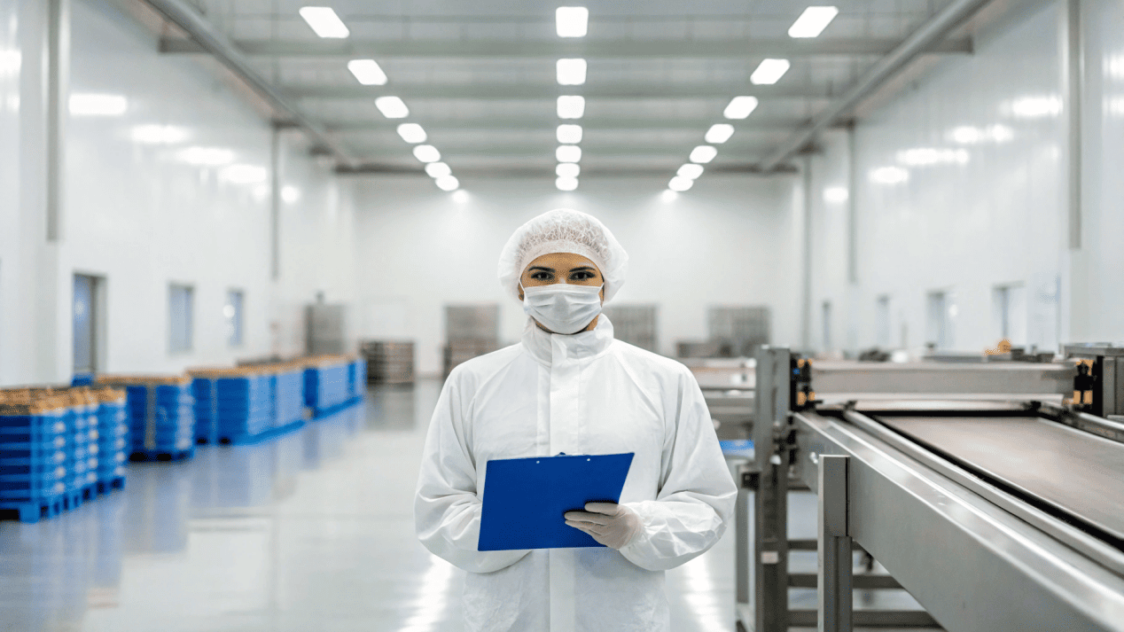 Supplier Audit for Food Safety Compliance A photo of a professional audit in a clean factory, with an auditor inspecting machinery.