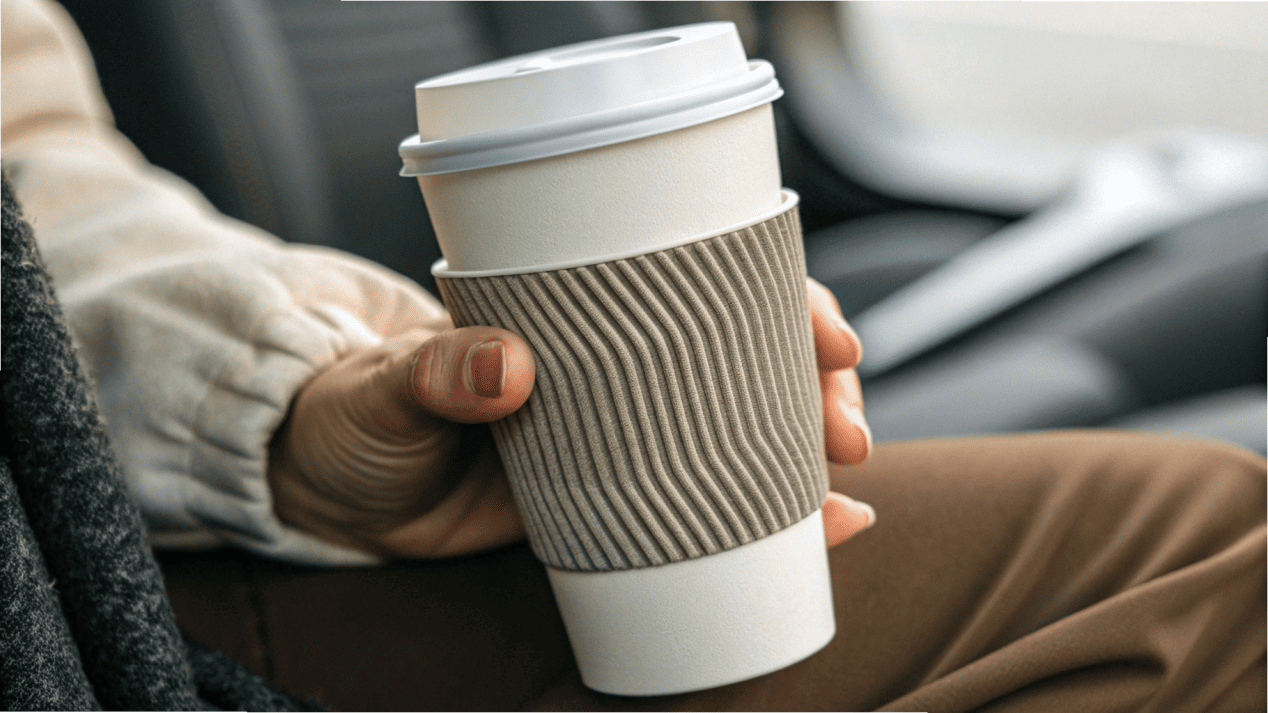 A close-up of a hand comfortably holding a branded ripple wall coffee cup.