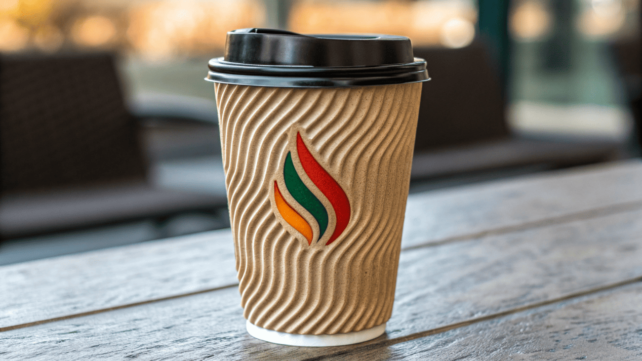A branded ripple wall cup with a sharp logo printed clearly on its surface.