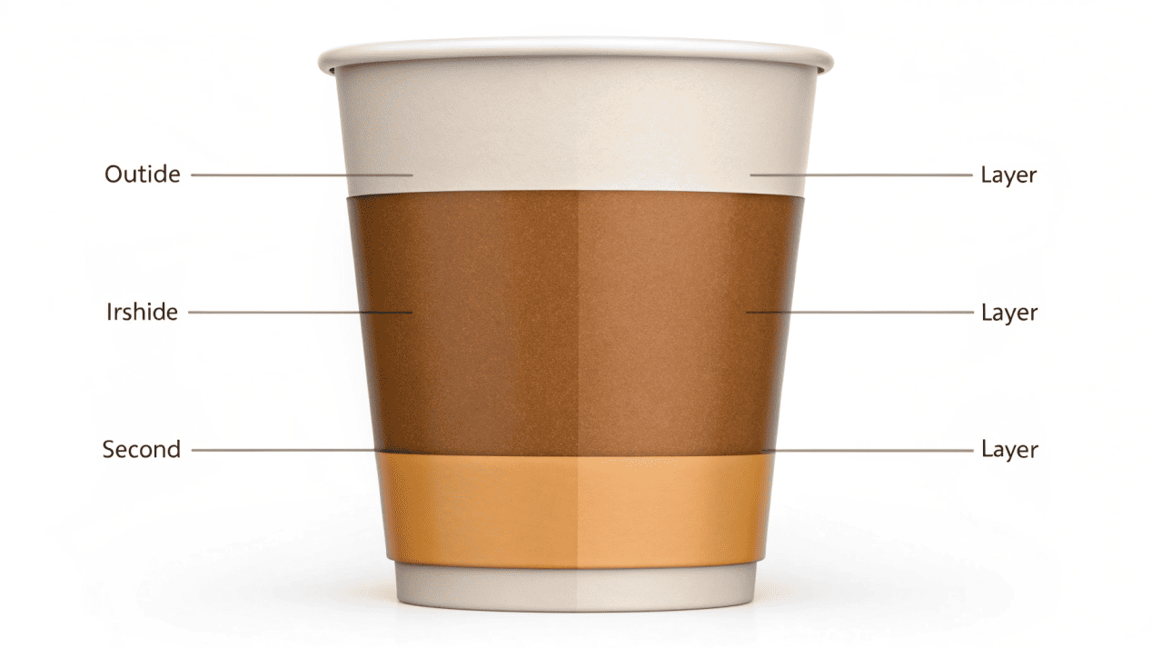 A cross-section of a paper coffee cup showing the paper layer and the inner coating layer.