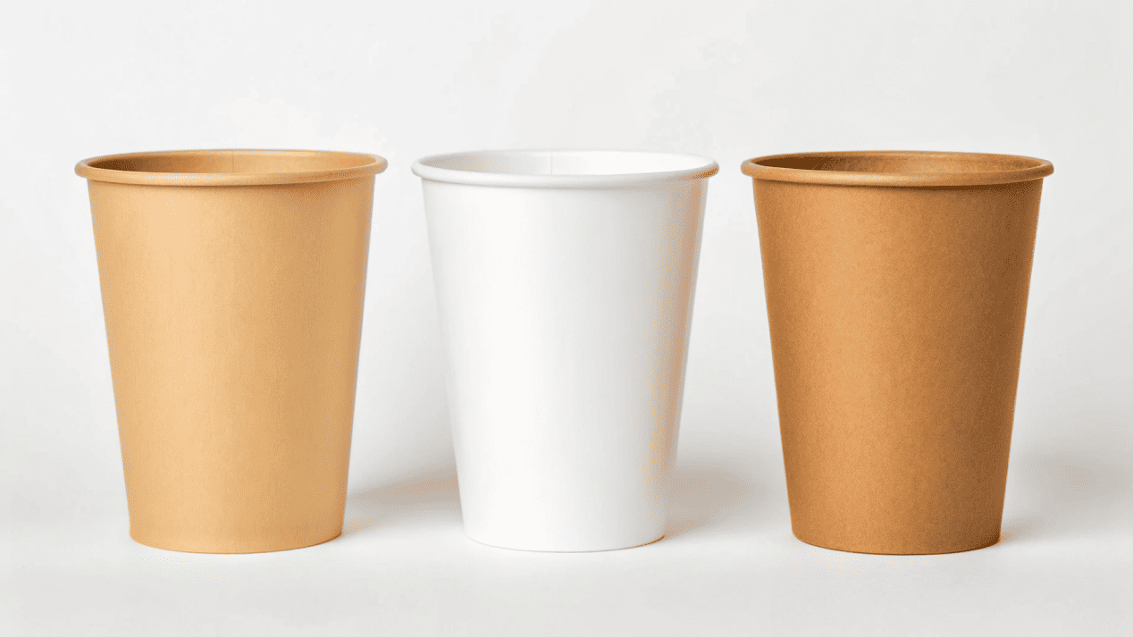 Side-by-side comparison of a standard PE-coated cup, a PLA-coated cup, and an aqueous-coated cup.