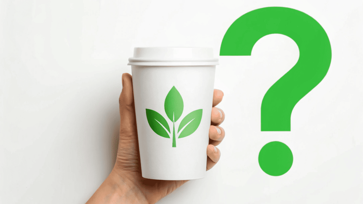 A hand holding a paper cold cup with a green leaf logo, with a large question mark next to it.