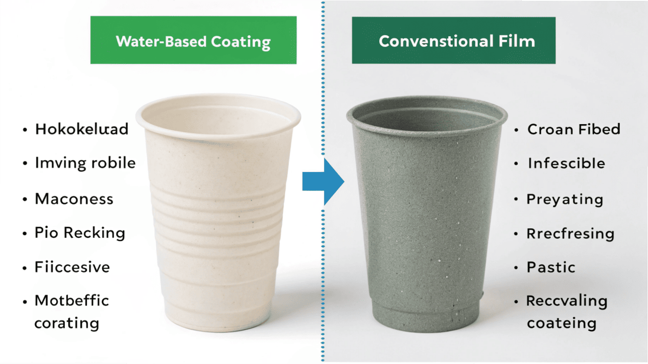 A diagram showing how a water-based coating dissolves in recycling versus a plastic film that contaminates the pulp.