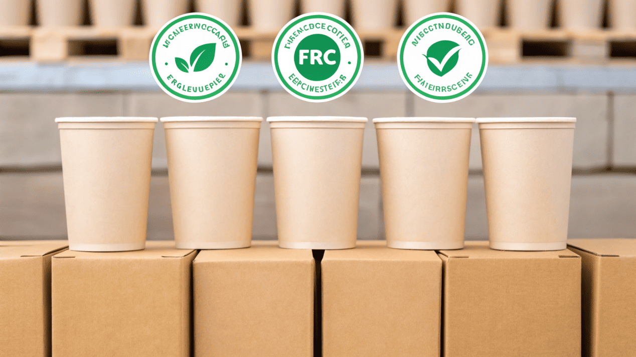 A collage of certification logos like FSC, BRC, and ISO on a packaging background.