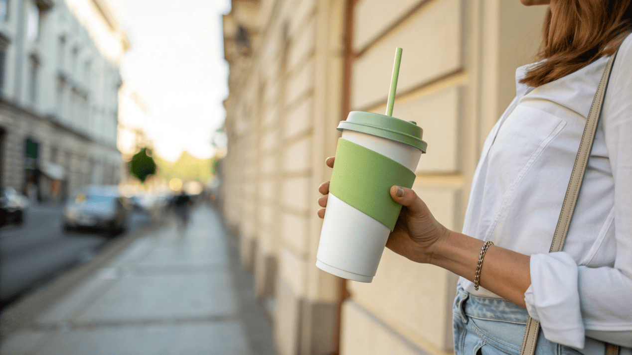 A stylish photo of a person holding a beautifully branded, eco-friendly cold cup, perfect for a social media post.