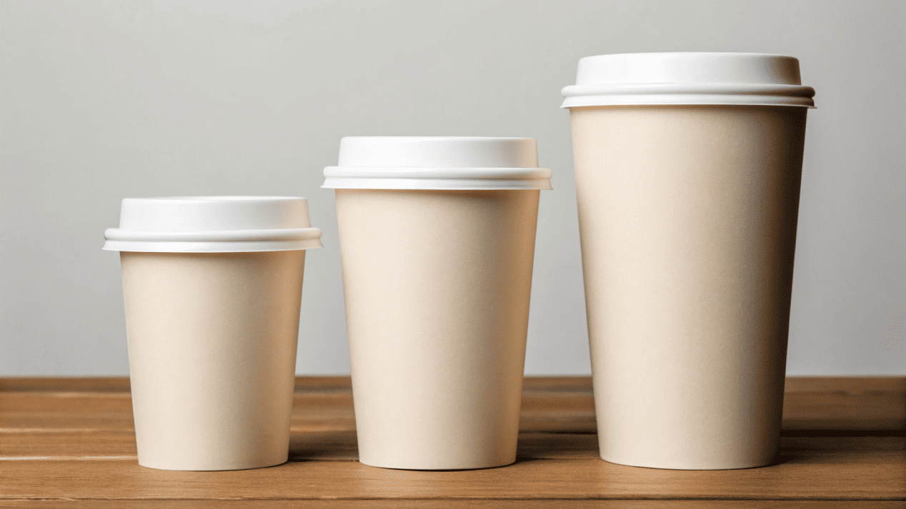 A single lid fitting perfectly on three different sizes of paper cups.